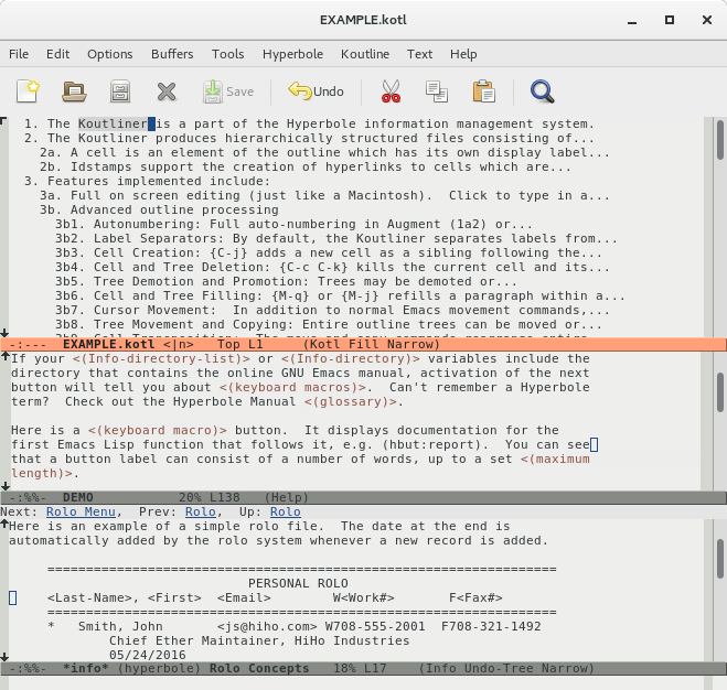 Hyperbole screenshot of the Koutliner, DEMO file and HyRolo